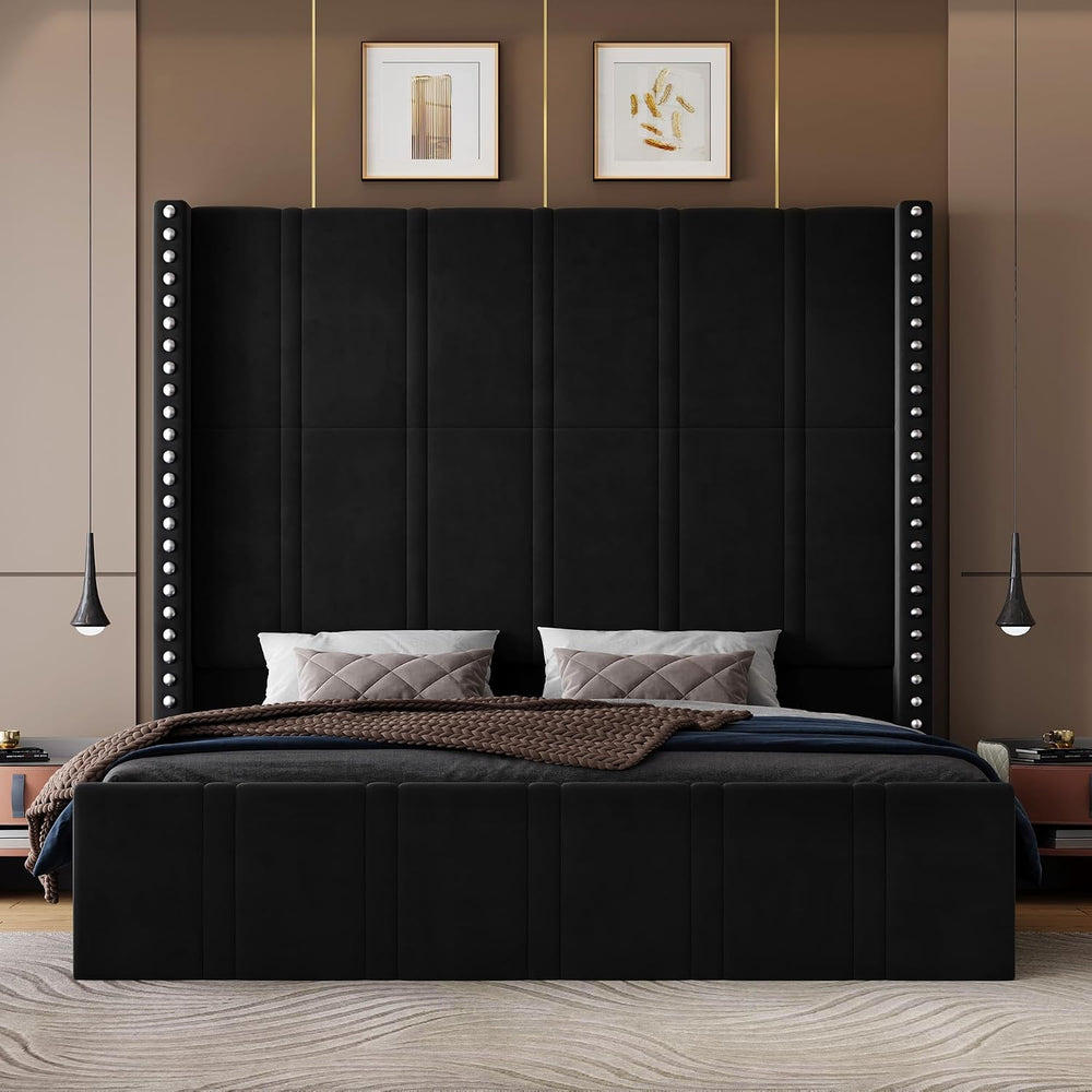 Queen Bed Frame with 65.75" Tall Headboard, Black