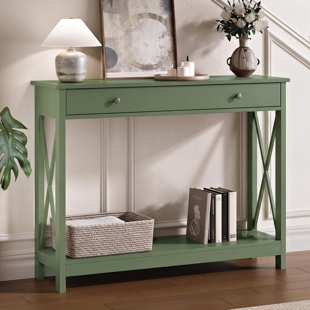 Treocho 40" Farmhouse Console Table with Drawer and Storage Shelves | En...