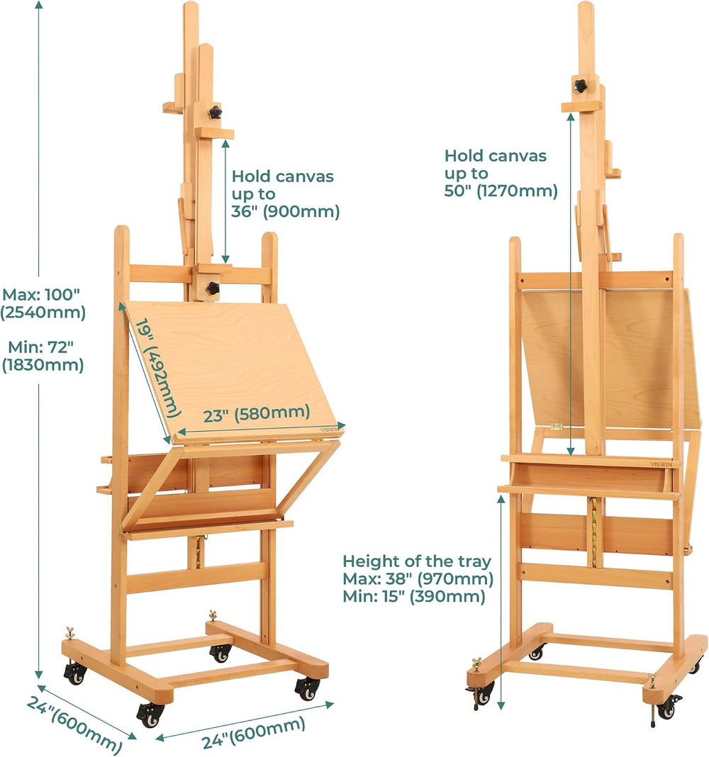 VISWIN Double-Sided Easel & Drafting Table, Hold 1 or 2 Canvas, Solid Bee...