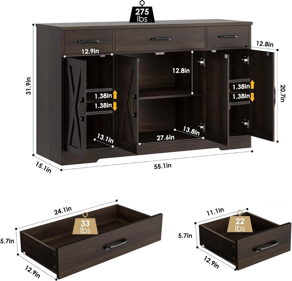 HOSTACK Kitchen Buffet Sideboard Storage Cabinet, Coffee Bar Cabinet, Brown