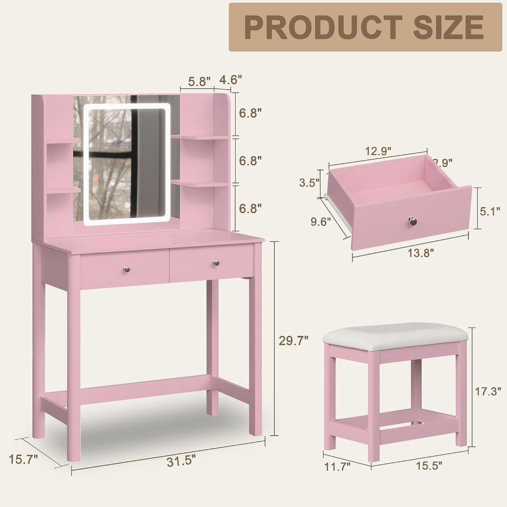 Vanity Desk with LED Mirror, 3 Lighting Modes and Chair | Small Makeup Vanity...
