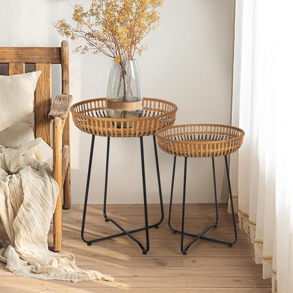 Oakrain Rattan Side Table, Nesting Tables, Set of 2, Bamboo Coffee with Metal...