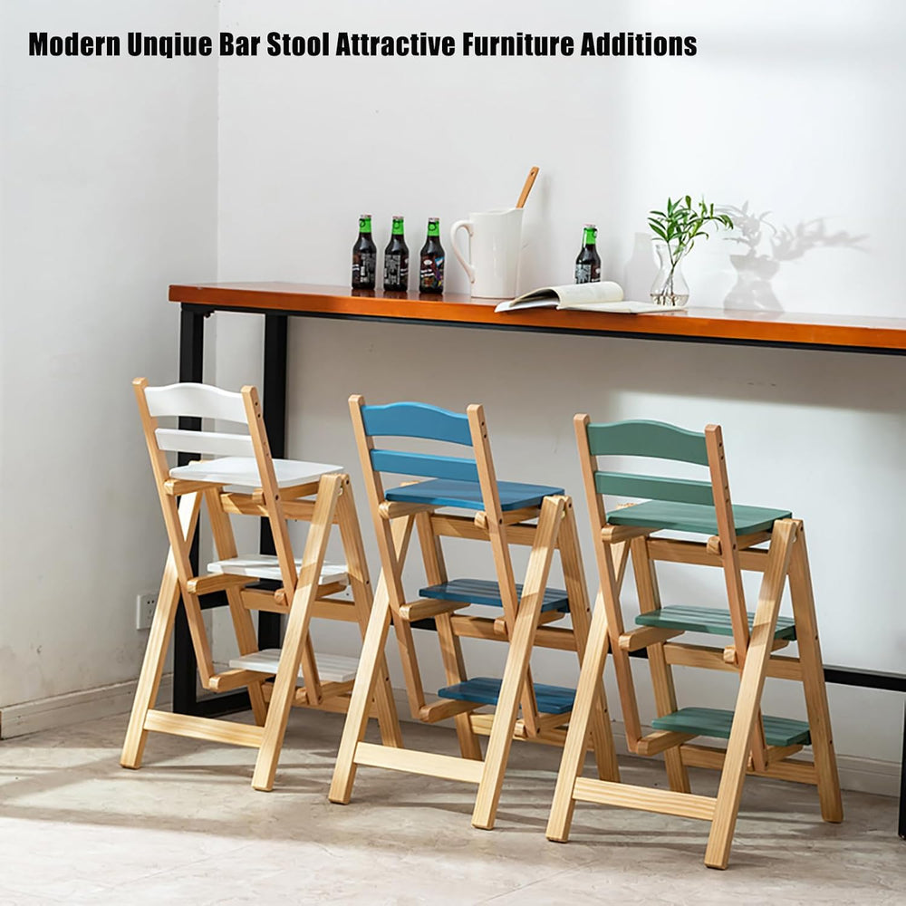 Folding Bar Stool 3 Step Ladder Stool,Solid Wood Counter Height Foldable Stoo...