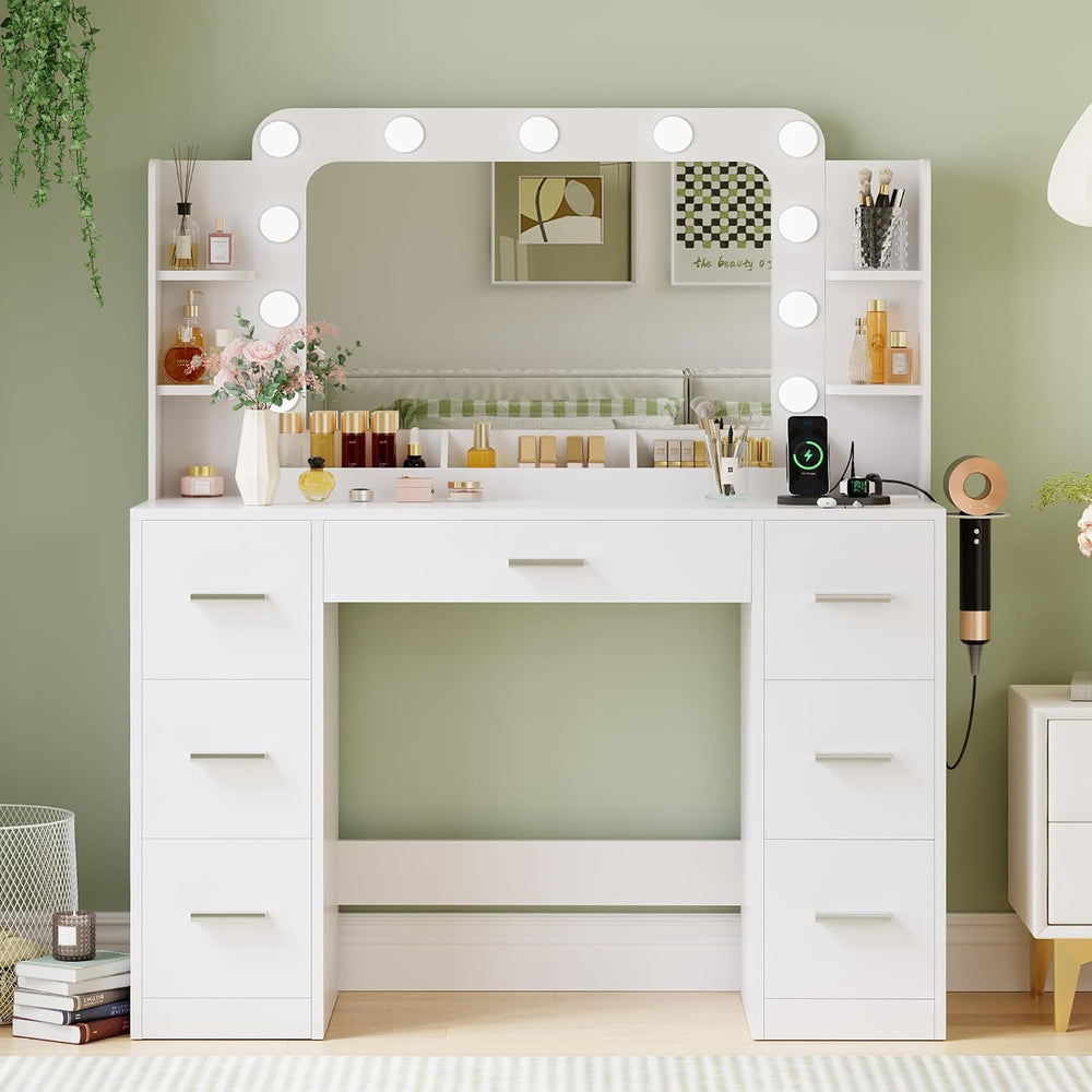 JUMMICO Makeup Vanity Desk with Large Mirror and Lights, Vanity with Power St...