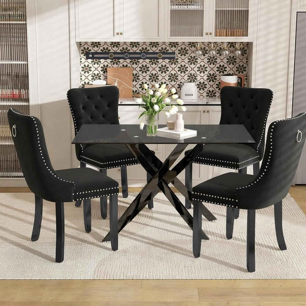 51" 5-Piece Glass Dining Table Set for 4, Black&Black