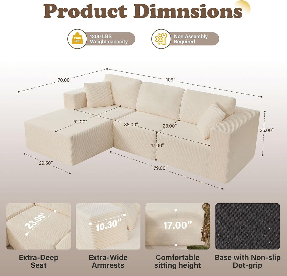 109” Cloud Sectional Couch, Modular Sofa with L-Shape Chaise, Deep Seat Cordu...