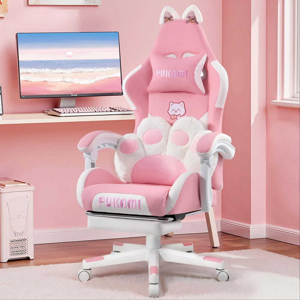 Pink Gaming Chair with Cat Ears & Footrest, Ergonomic Gaming Computer Des...