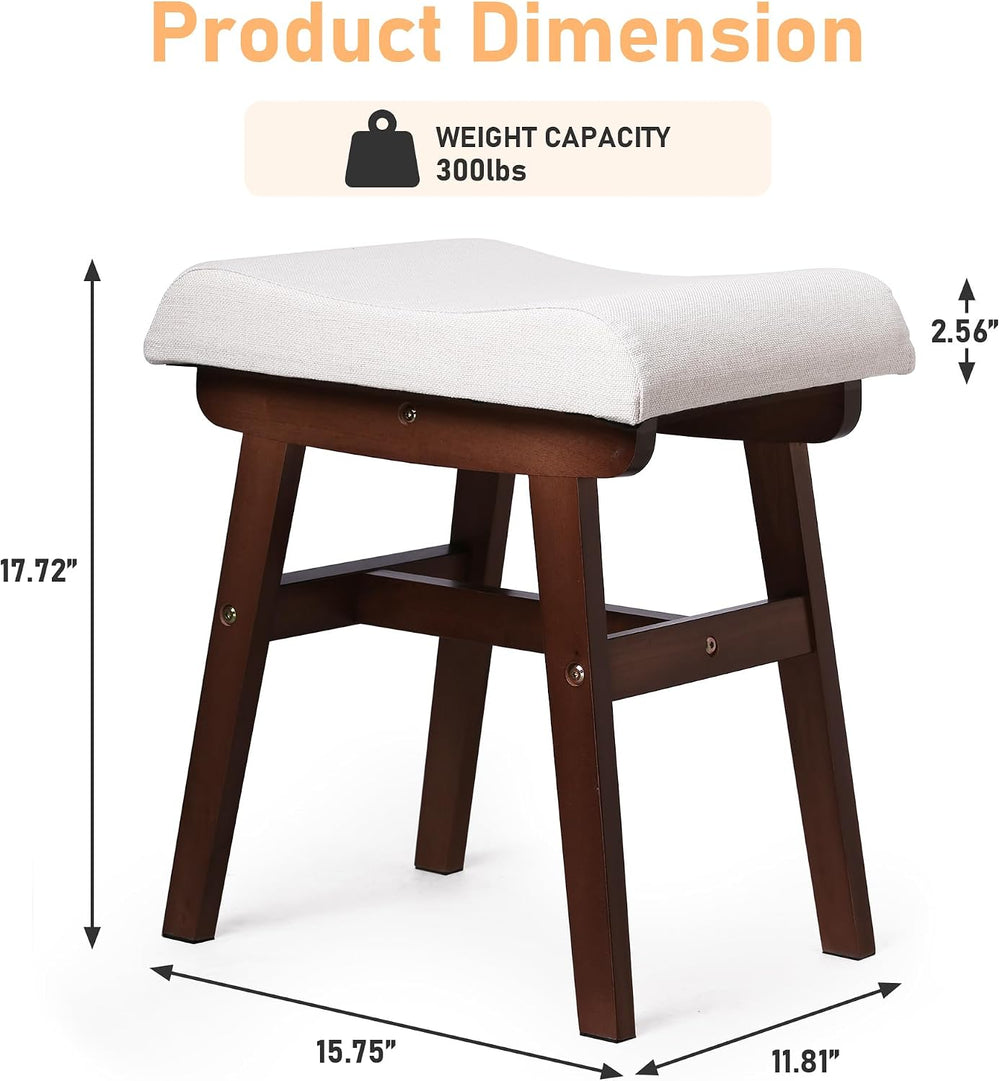 Vanity Stool with Linen Upholstery & Carved Solid Wood Legs | 17.7 Inch C...