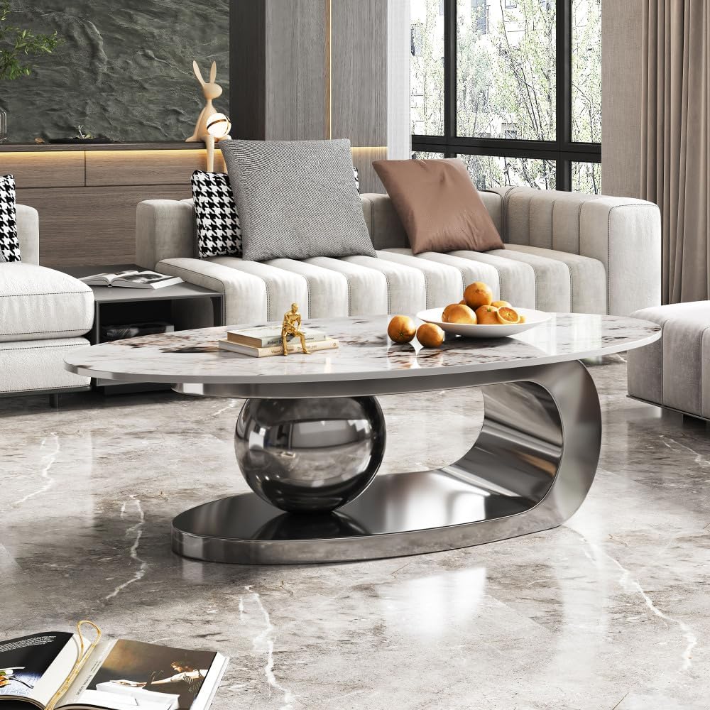 ZOEDO 49.2 Inches Oval Faux Marble Coffee Table for Living Room with Stainles...