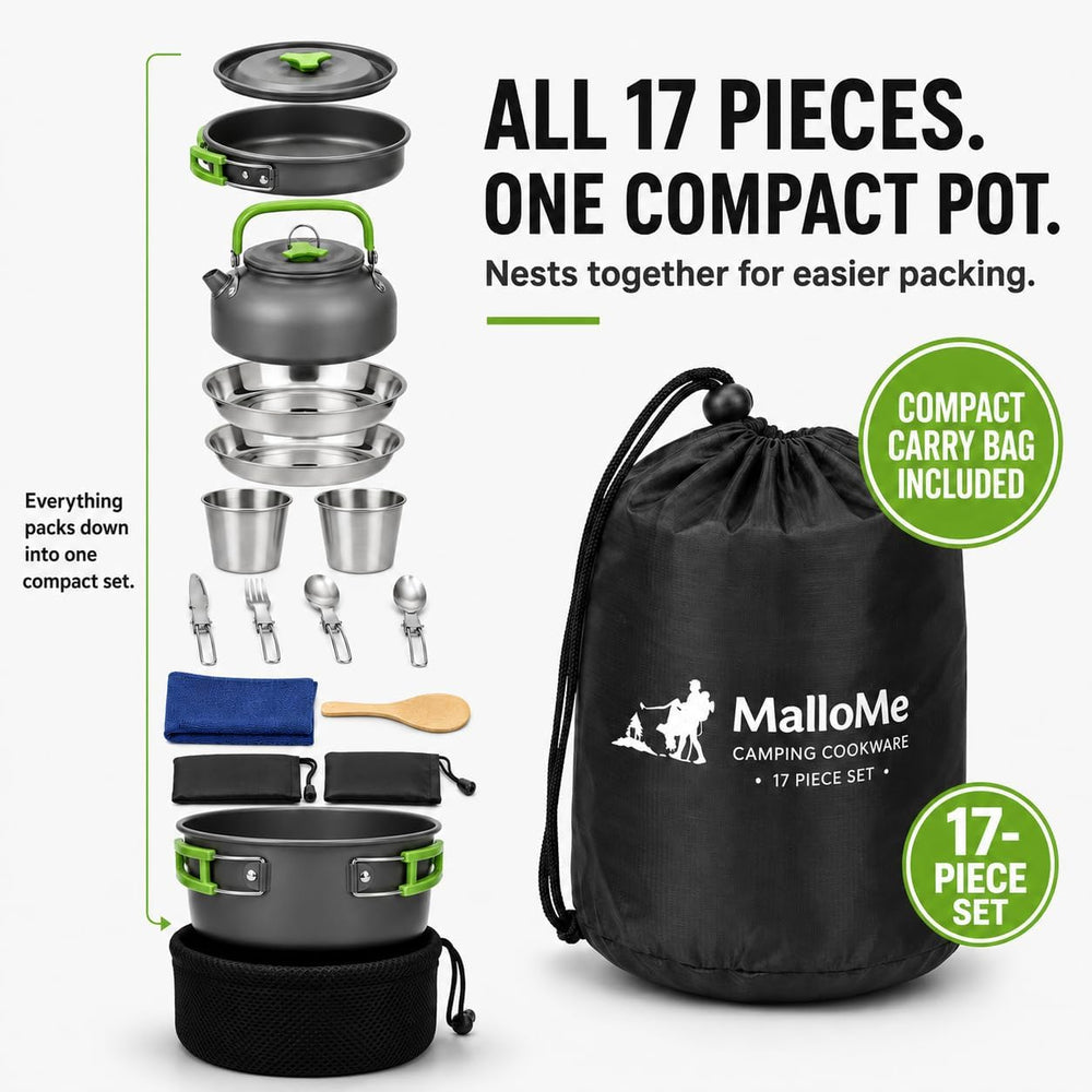 MalloMe Camping Cookware Mess Kit for Backpacking Gear – Camping Cooking Set ...