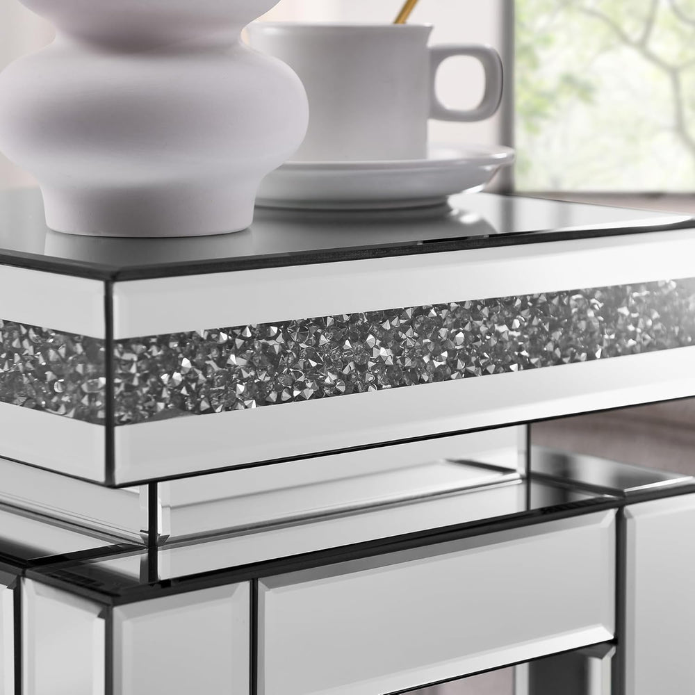 Silver Mirrored Side Table with Crystal Inlay for Small Spaces, Luxury Modern...
