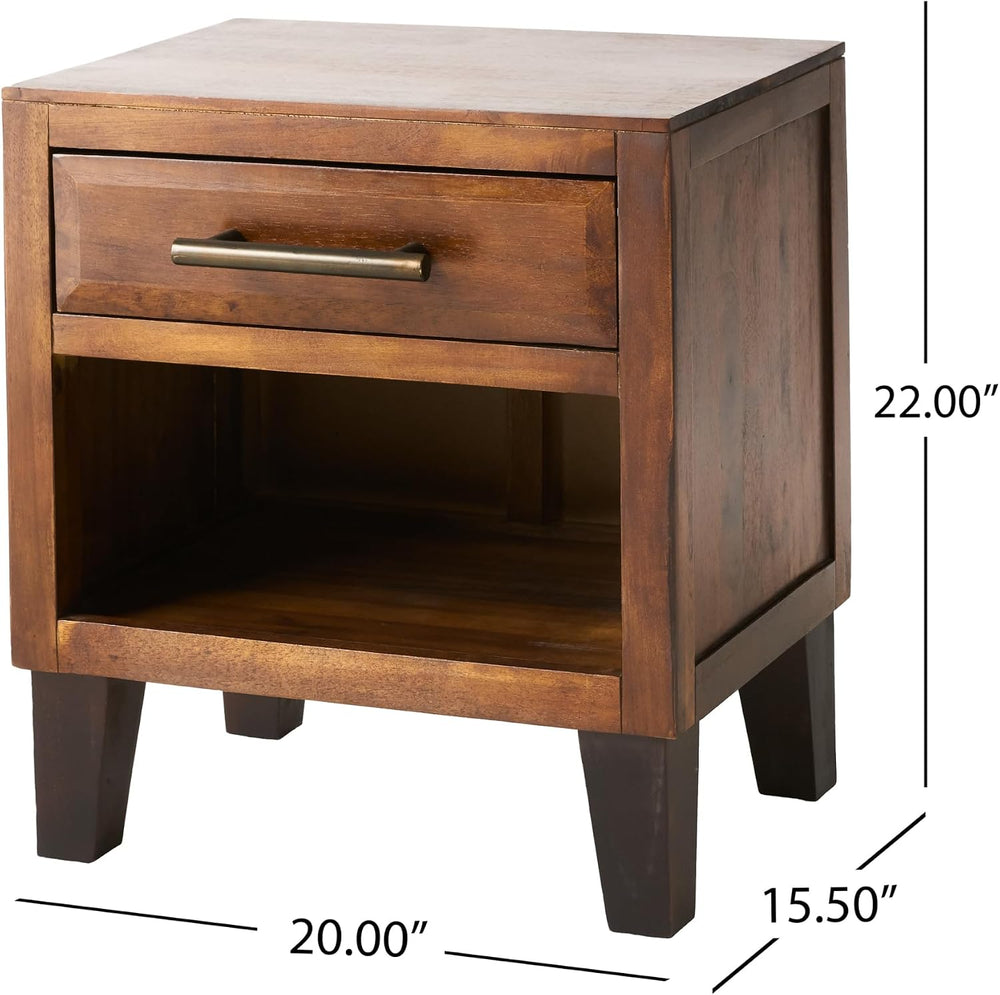roomfitters Industrial Brown Acacia Wood End Table, Luxury 1-Drawer Storage N...
