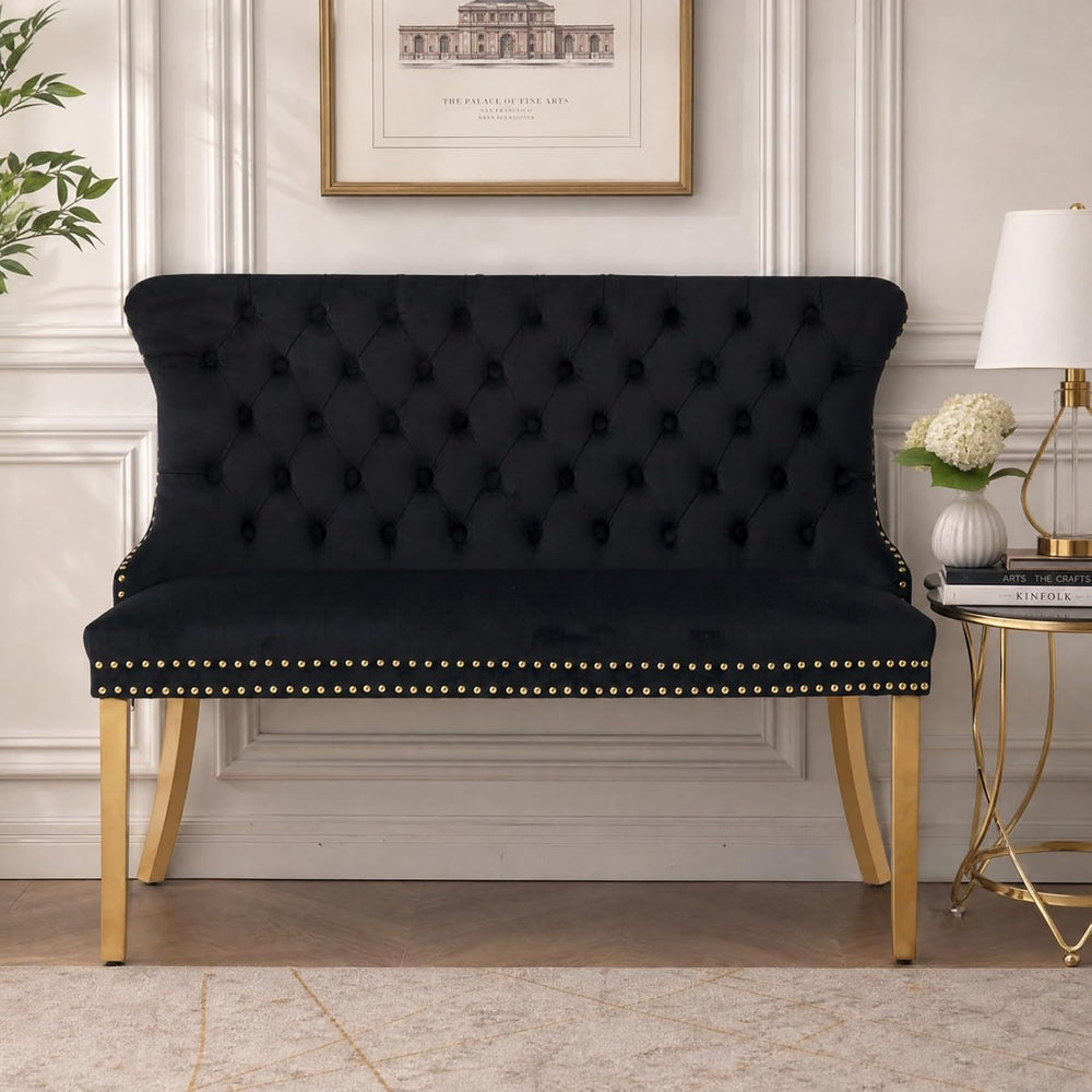 Velvet Dining Loveseat Bench with Wing Back, 2-Seat Tufted Bench with Gold St...