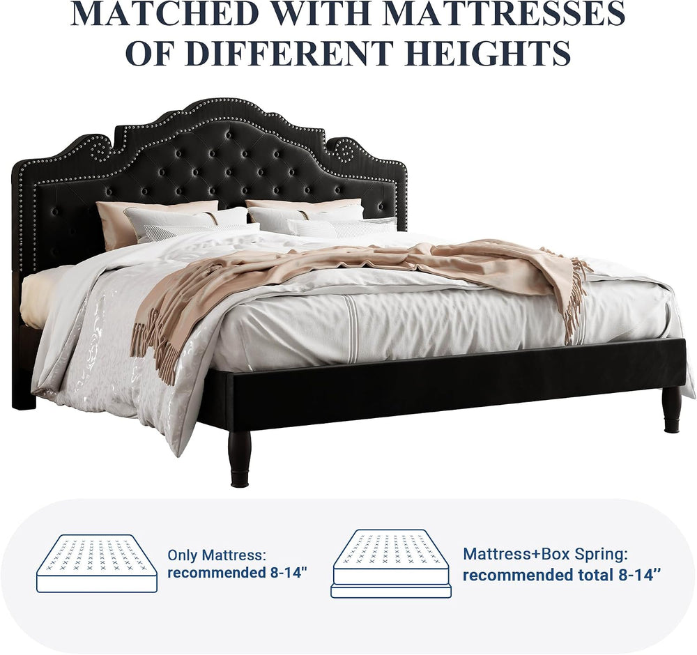 Allewie King Bed Frame with Adjustable Velvet Tiara Headboard, Upholstered Di...