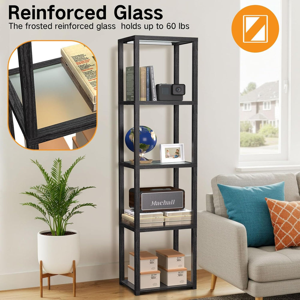 OUTON 67" Glass Display Shelf with Dimmable LED Floor Lamp, Collectibles...