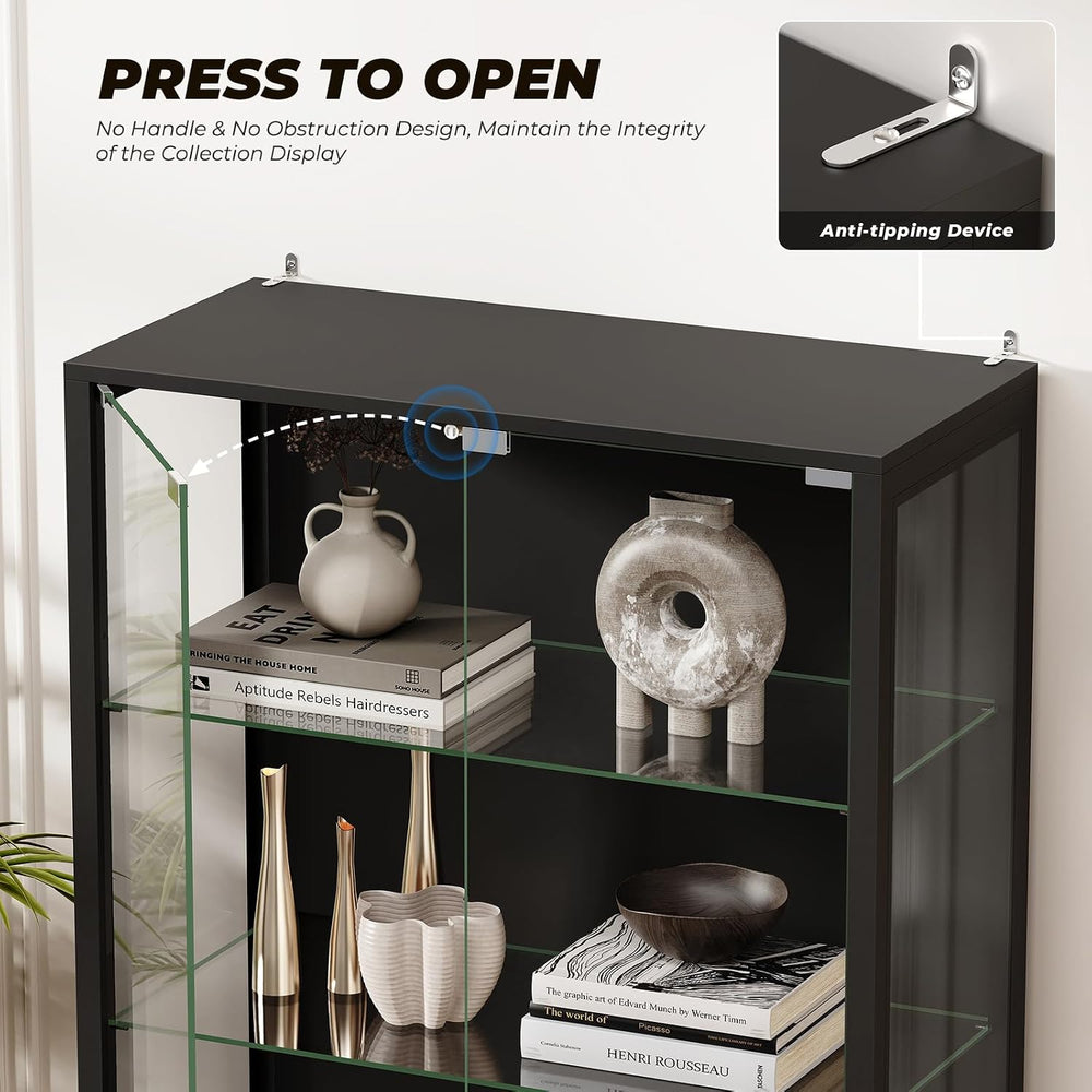 Glass Display Cabinet, 5-Tier Display Case with Adjustable Glass Shelves, Met...