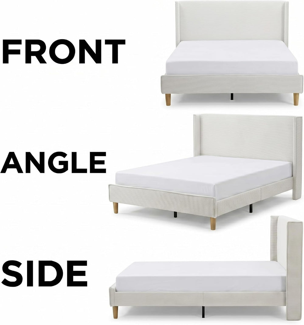 Full Corduroy Upholstered Platform Bed with Headboard Wingback, Cream