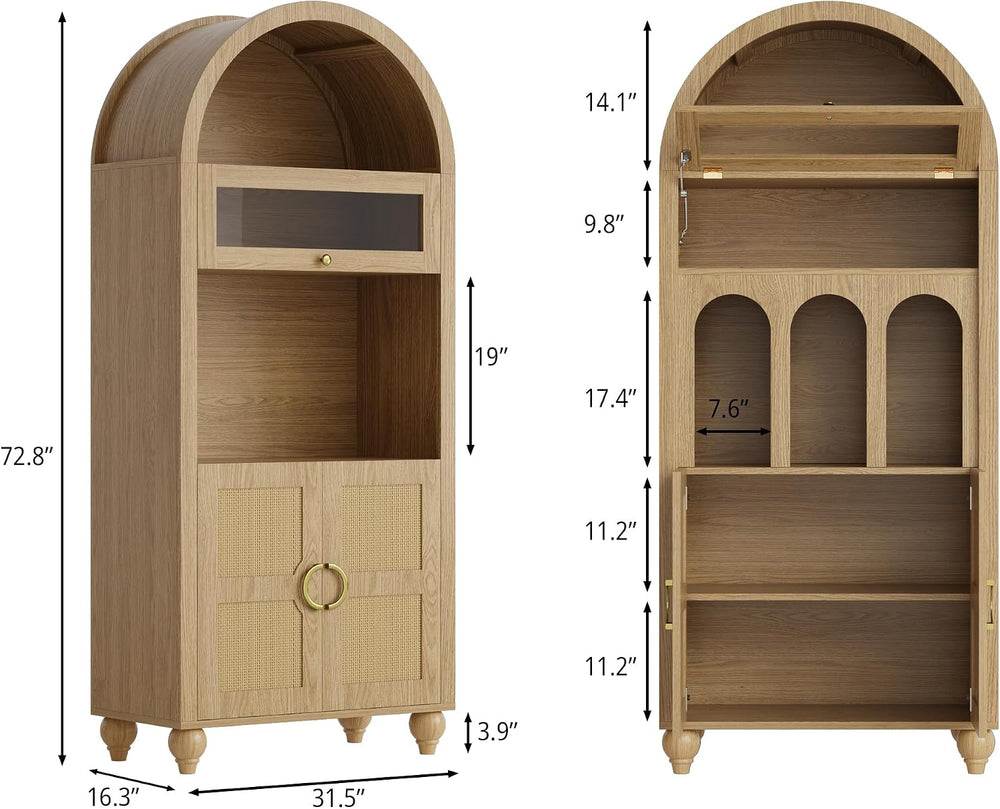 LIKIMIO 72.8'' Tall Arched Cabinet with LED Light, Rattan Door, Natur...