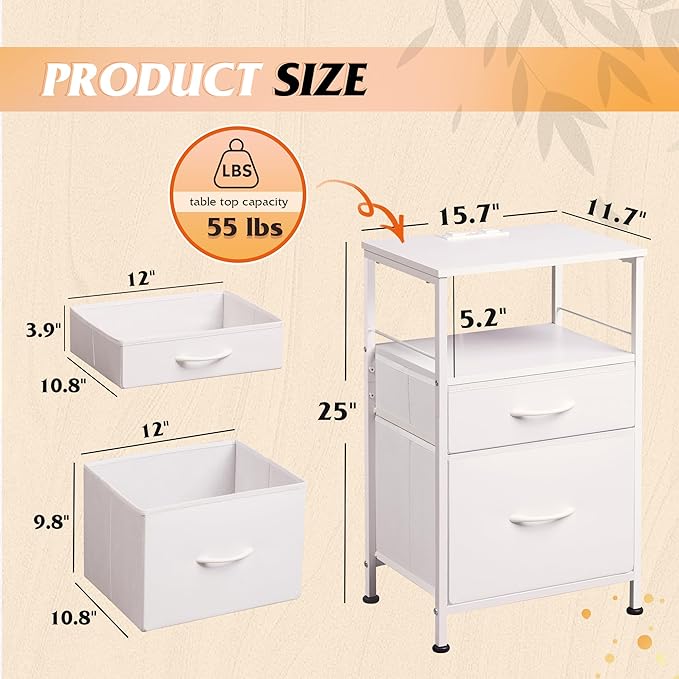 WLIVE Night Stand Set 2, White Nightstand with Charging Station, Nightstands ...