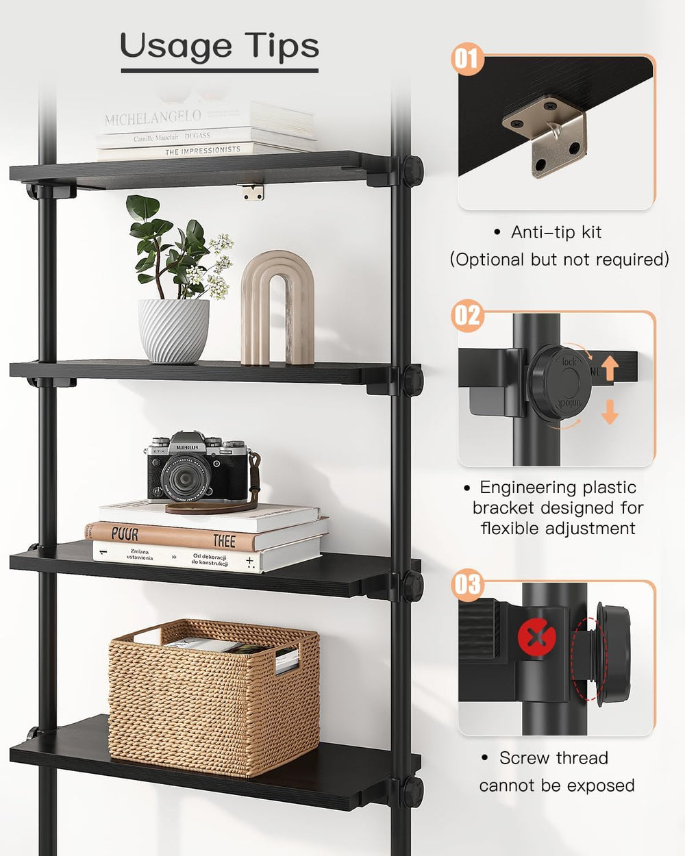 ALLZONE Adjustable Tall Narrow Bookshelf, 5-Tier Floor-to-Ceiling Tension Mou...