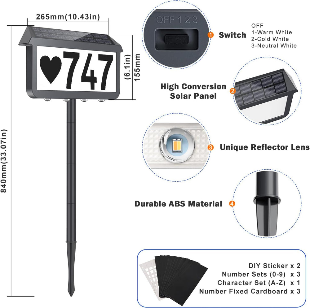 Brightever Solar Powered Address Signs, Solar House Numbers 3-Light Modes