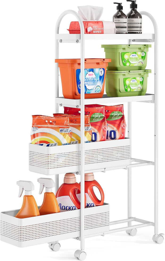 KINGRACK 4 Tier Slim Rolling Cart with Drawer, Metal Utility Storage Cart | 2 Pull-out Baskets, Lockable Wheels, Narrow Space Trolley Organizer for Bathroom, Kitchen, Office, Dorm, Laundry Room, White