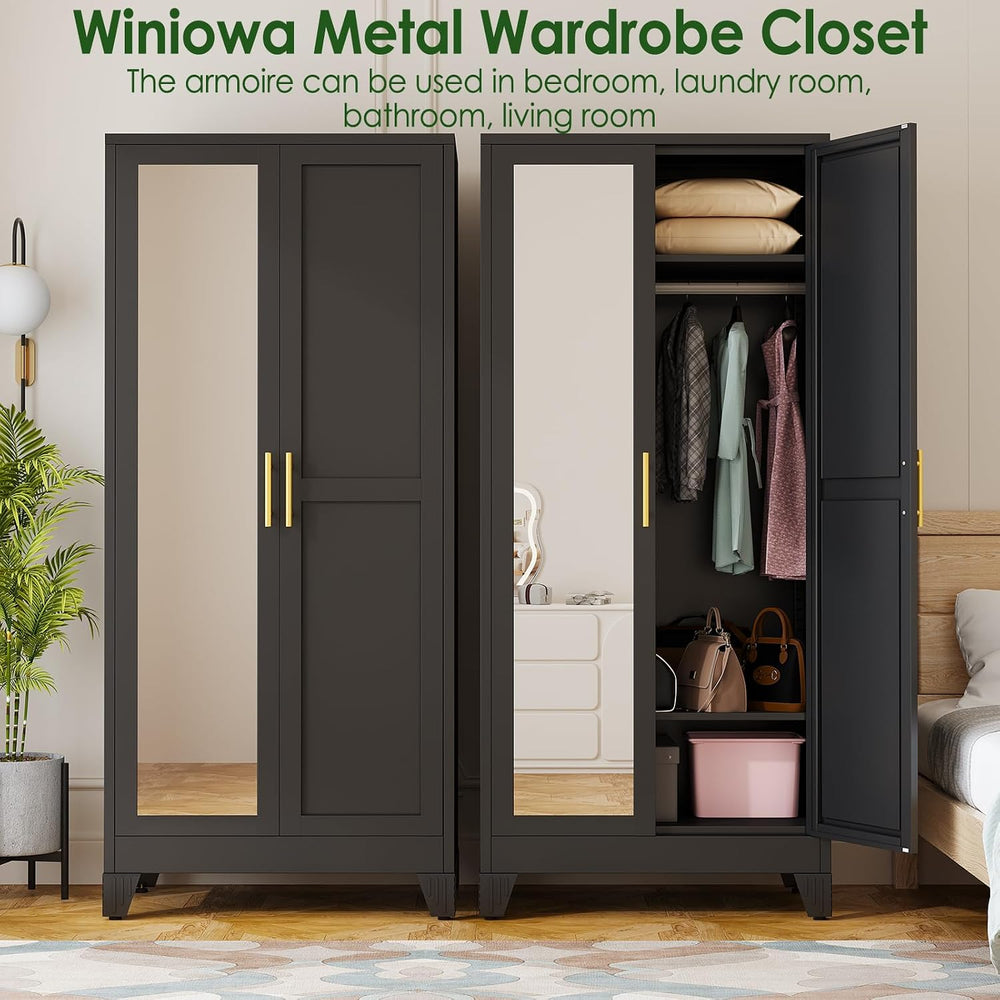 Metal Armoire Wardrobe Closet, 71" Clothing Storage Cabinet with Mirror