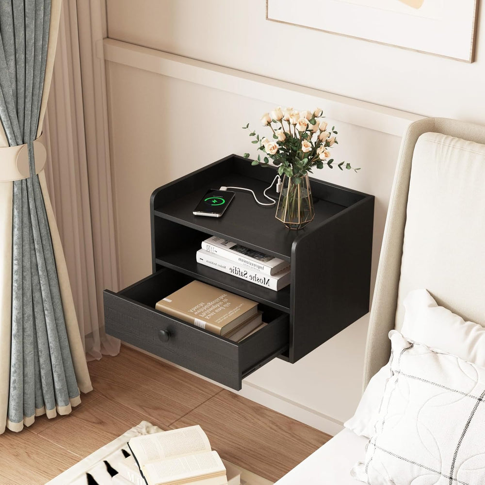 Floating Nightstand Set of 2 Modern Night Stands with Drawer and Open Shelf |...