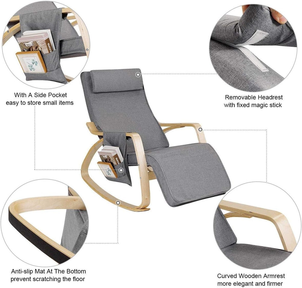 Relax Adjustable Lounge Rocking Chair with Pillow & Pocket Comfortable Ar...