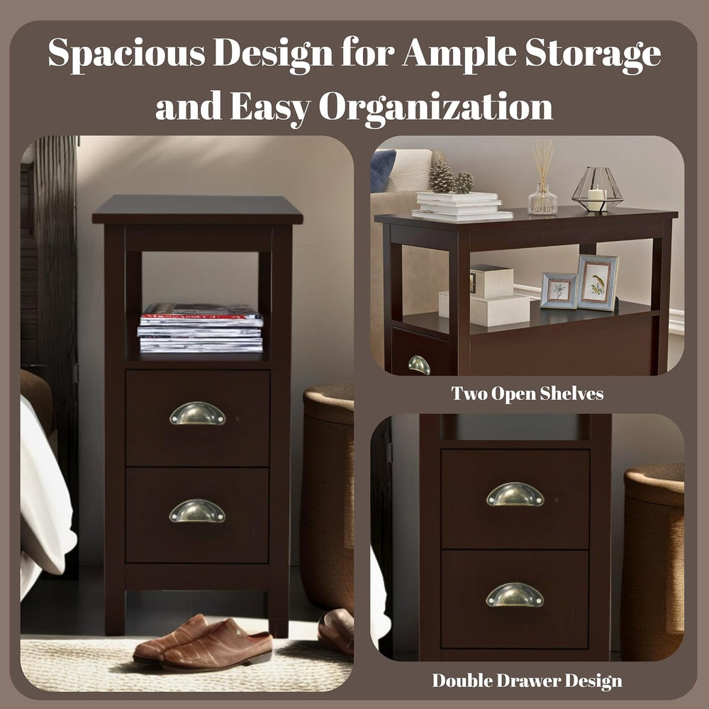 Narrow End Table with Two Drawers & Open Shelf - Brown Nightstand/Side Ta...