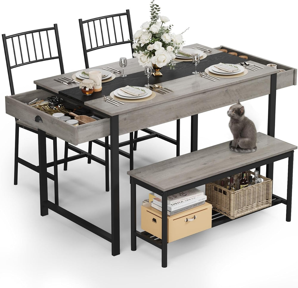 GarveeHome Dining Table Set for 4,Kitchen Table with Bench & 2 Chairs, Grey