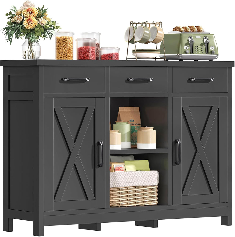 TEENFON Coffee Bar Cabinet with 3 Drawers, Farmhouse Buffet Cabinet