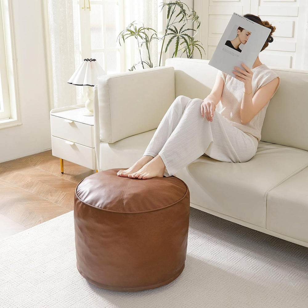 HIGOGOGO Round Stuffed Pouf Ottoman, Pu Leather Poufs with Foam Chunk Filling...