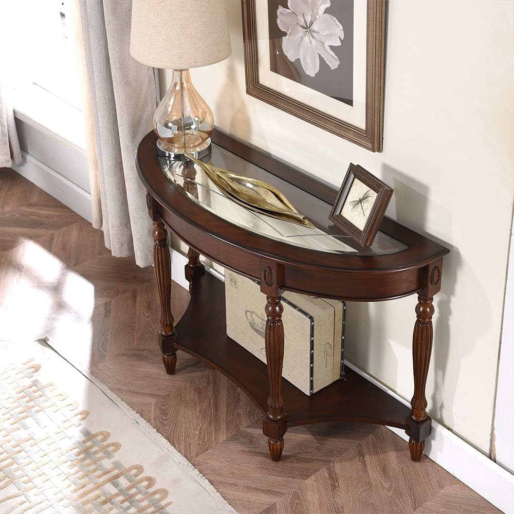 PADMA HOUSE 2-Tier Traditional Wood Semi-Circle Sofa Table with Glass Top | C...