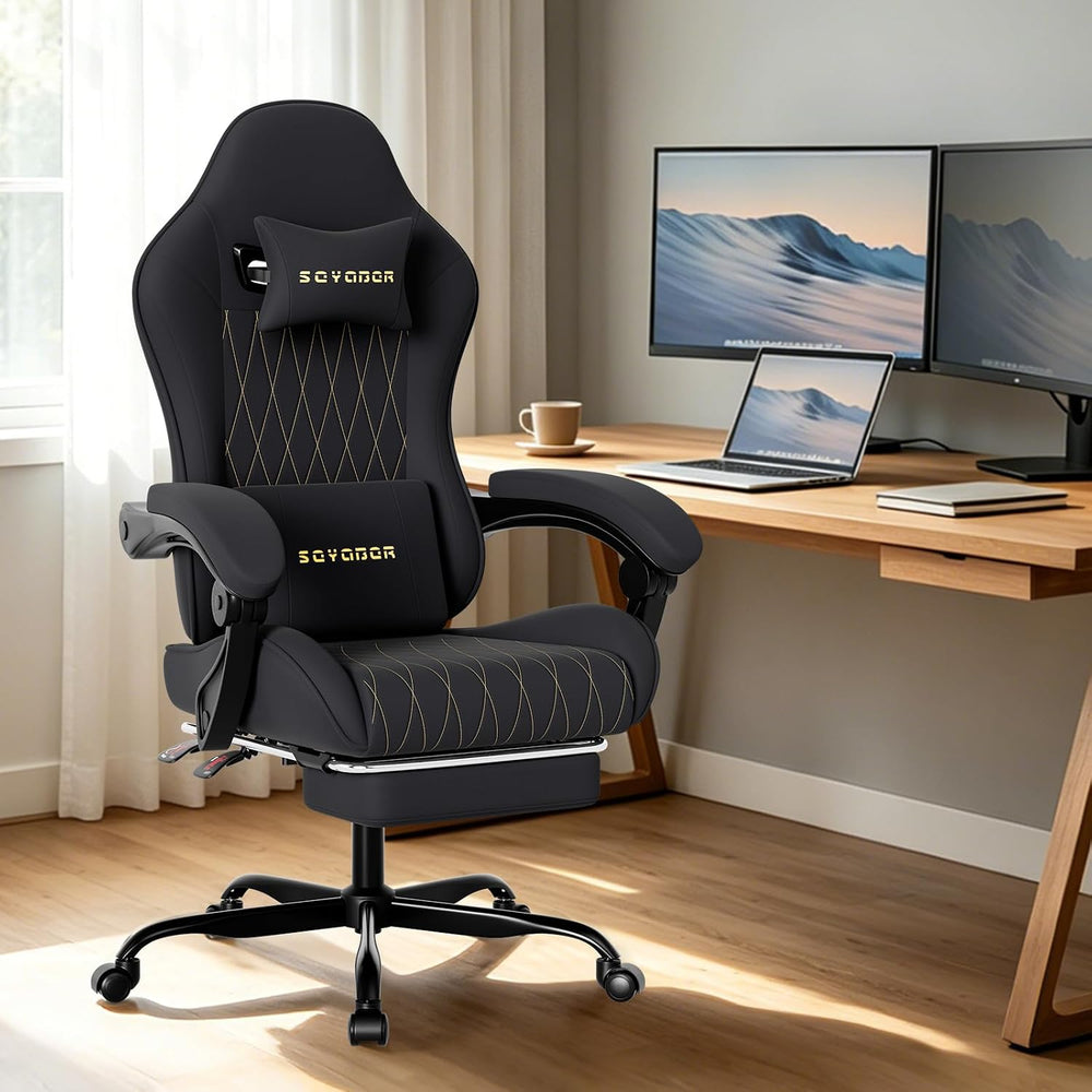 Breathable Fabric Gaming Chair with Footrest, Ergonomic High Back Computer Ch...