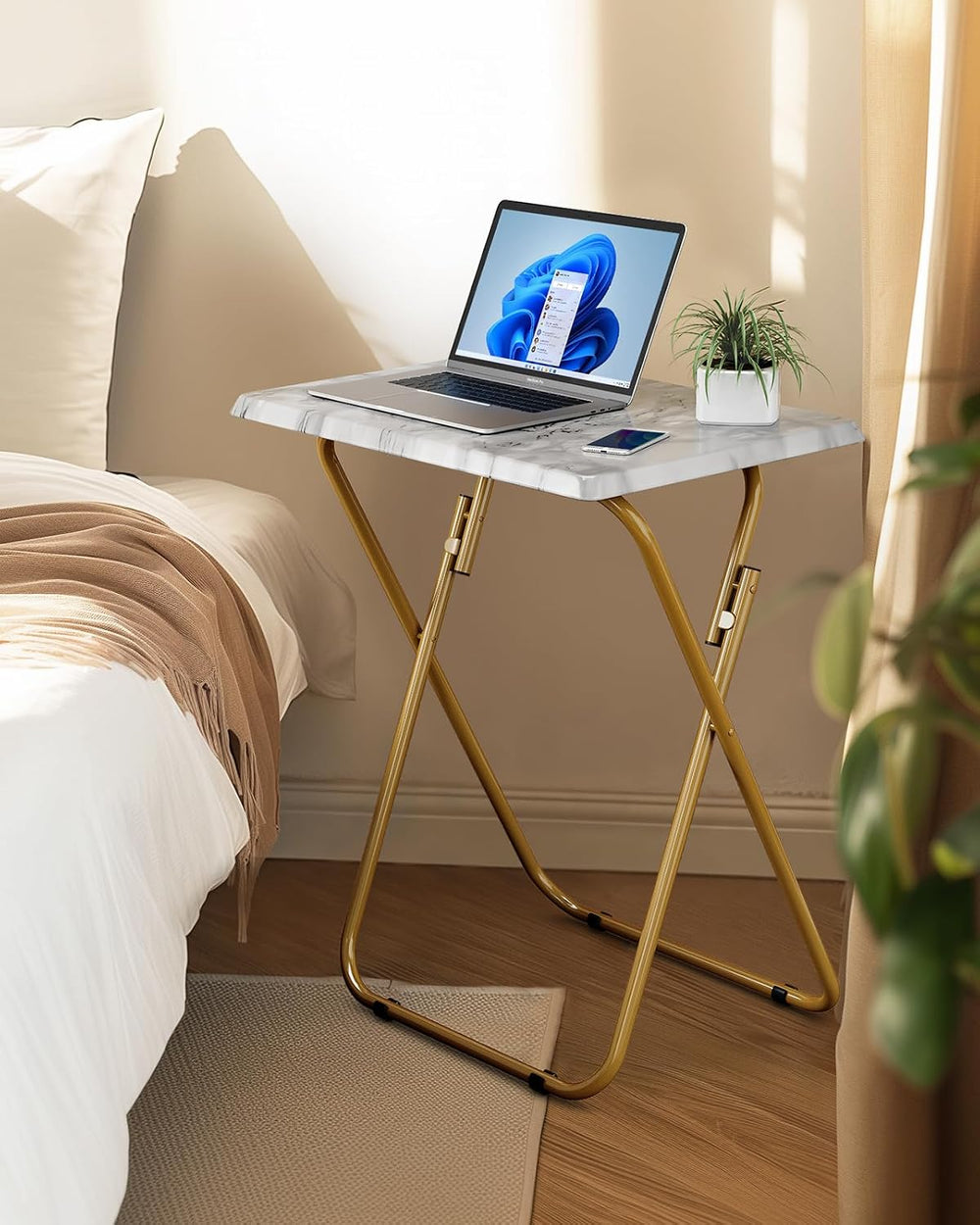 HUANUO Folding TV Tray Table, No Assembly TV Tray with Marble-Look Top | Vers...