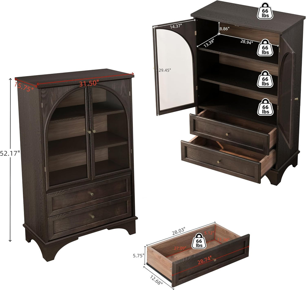 52.17" Tall Display Cabinet with Arched Glass Doors (Brown) | Farmhouse ...