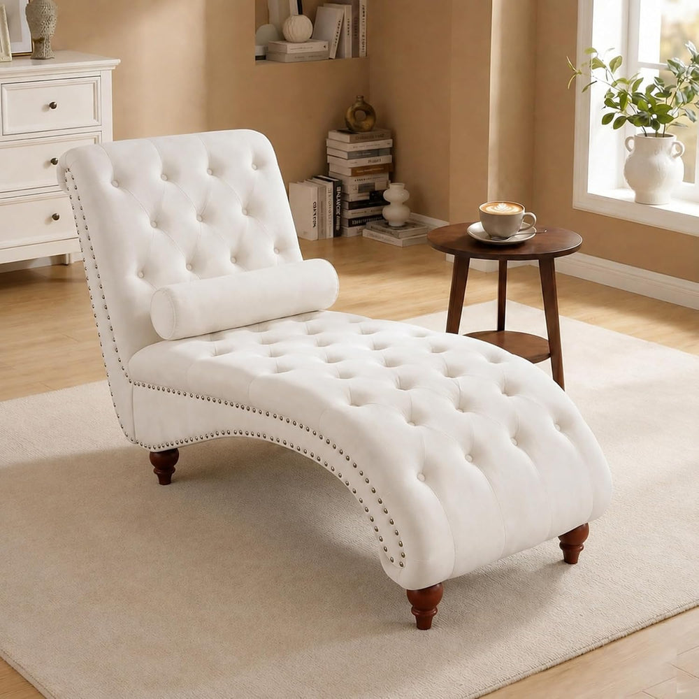 Velvet Tufted Chaise Lounge, Upholstered Sofa Chair with Wood Legs Beige