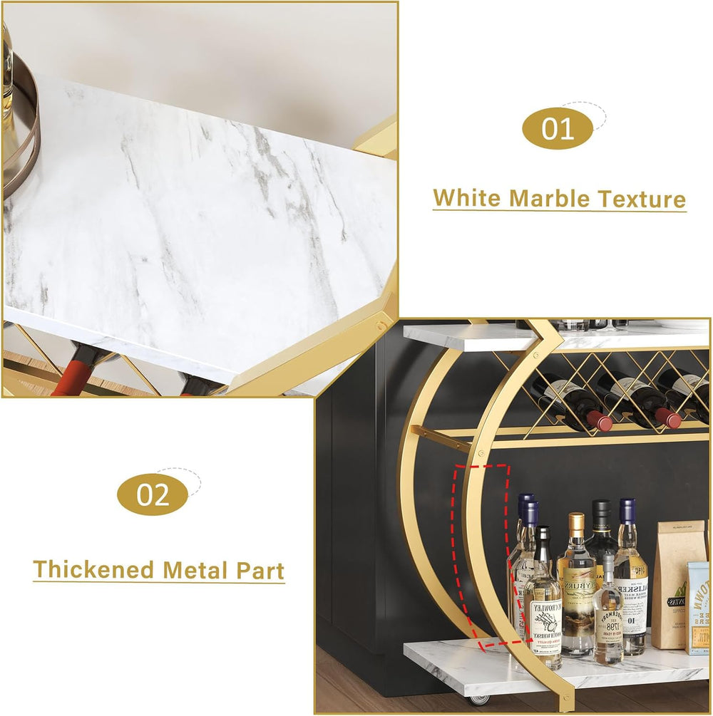 LVB Gold Bar Cart with Wheels, Modern White Marble Home Bar Serving Cart | Dr...