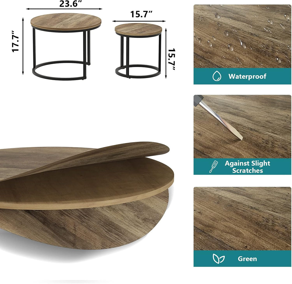 Smuxee Nesting Coffee Table Set of 2, 23.6" Round Coffee Table Wood Grai...