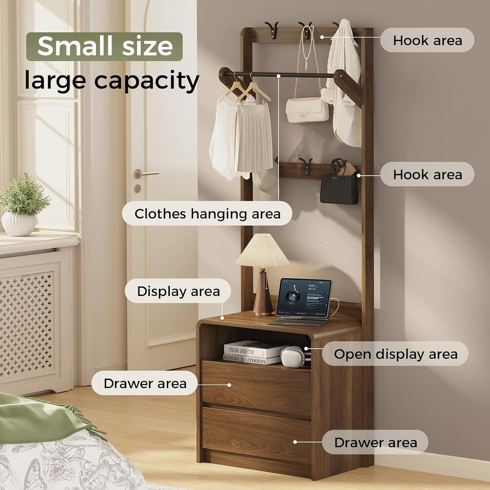 Messenya Mid Century Modern Bedroom Nightstand with Clothes Rack and Hooks | ...