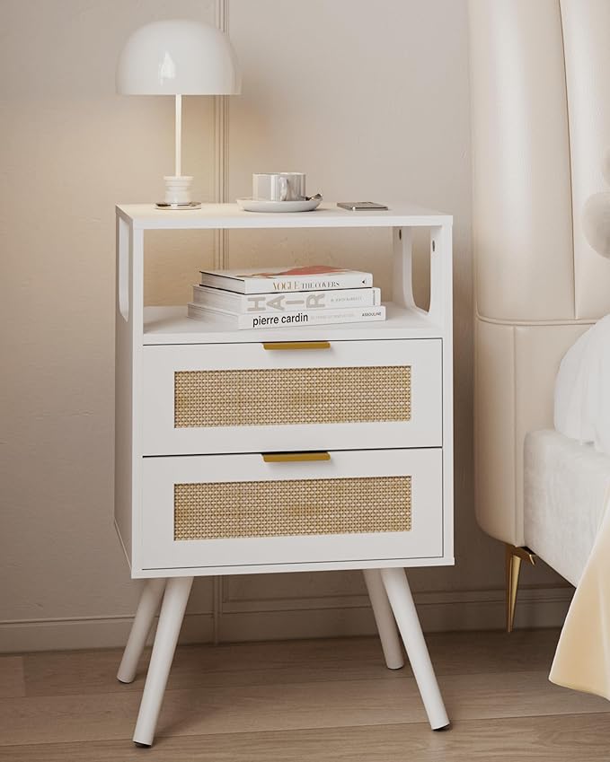 Rattan Nightstand,Farmhouse Bedside Table with 2 Storage Drawer and Open Wood...