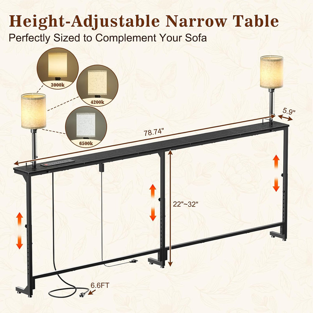 78.8" Sofa Tables Narrow Long with Lights & Charging Station - 4 AC ...