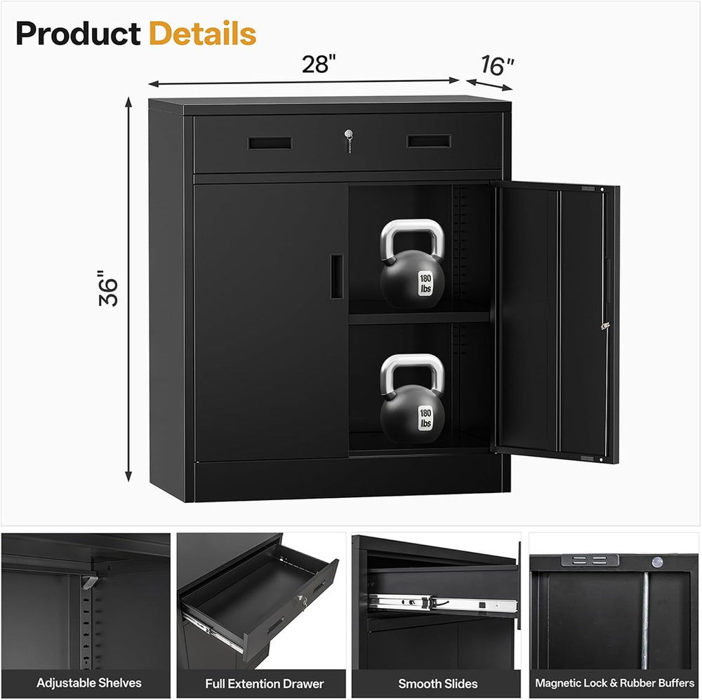 Metal Storage Cabinet 36" H, Locking Storage Cabinet with 1 Drawer and A...