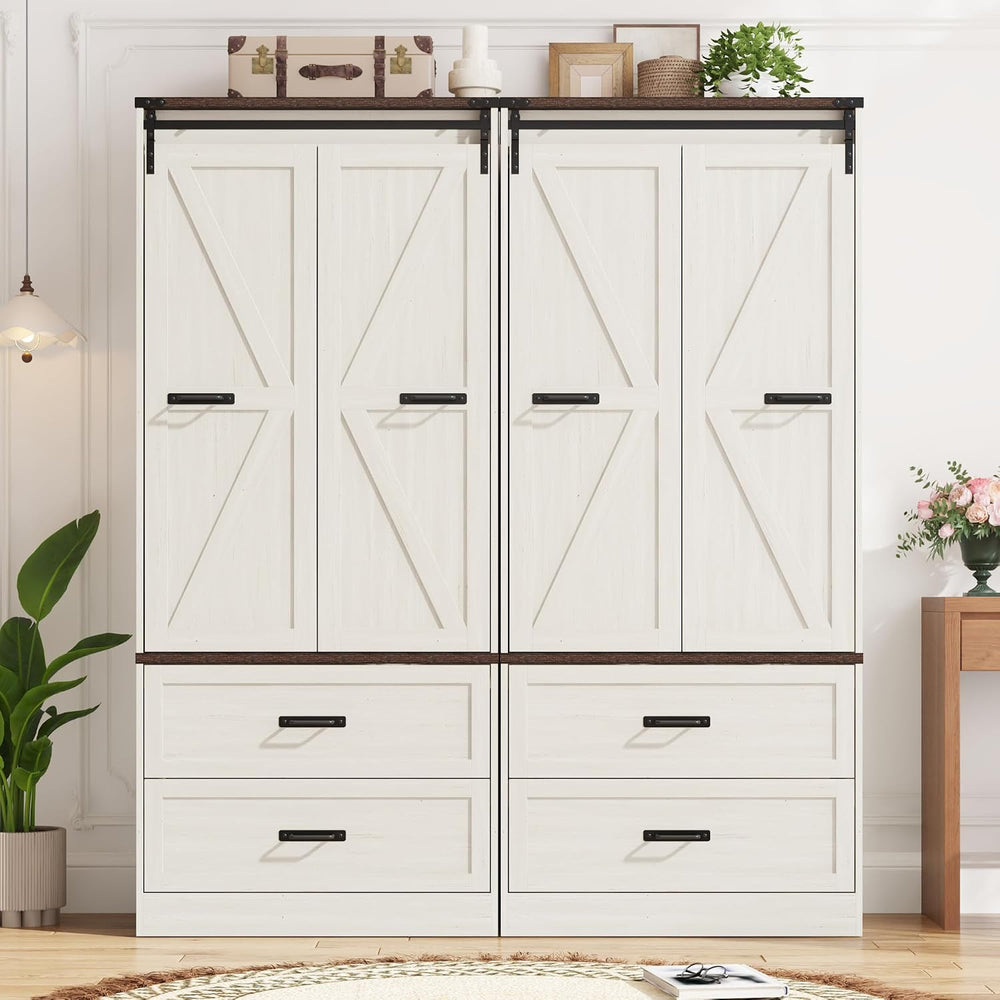 Farmhouse Wardrobe Armoire Closet with 4 Doors and 4 Drawers, 72" Wooden...