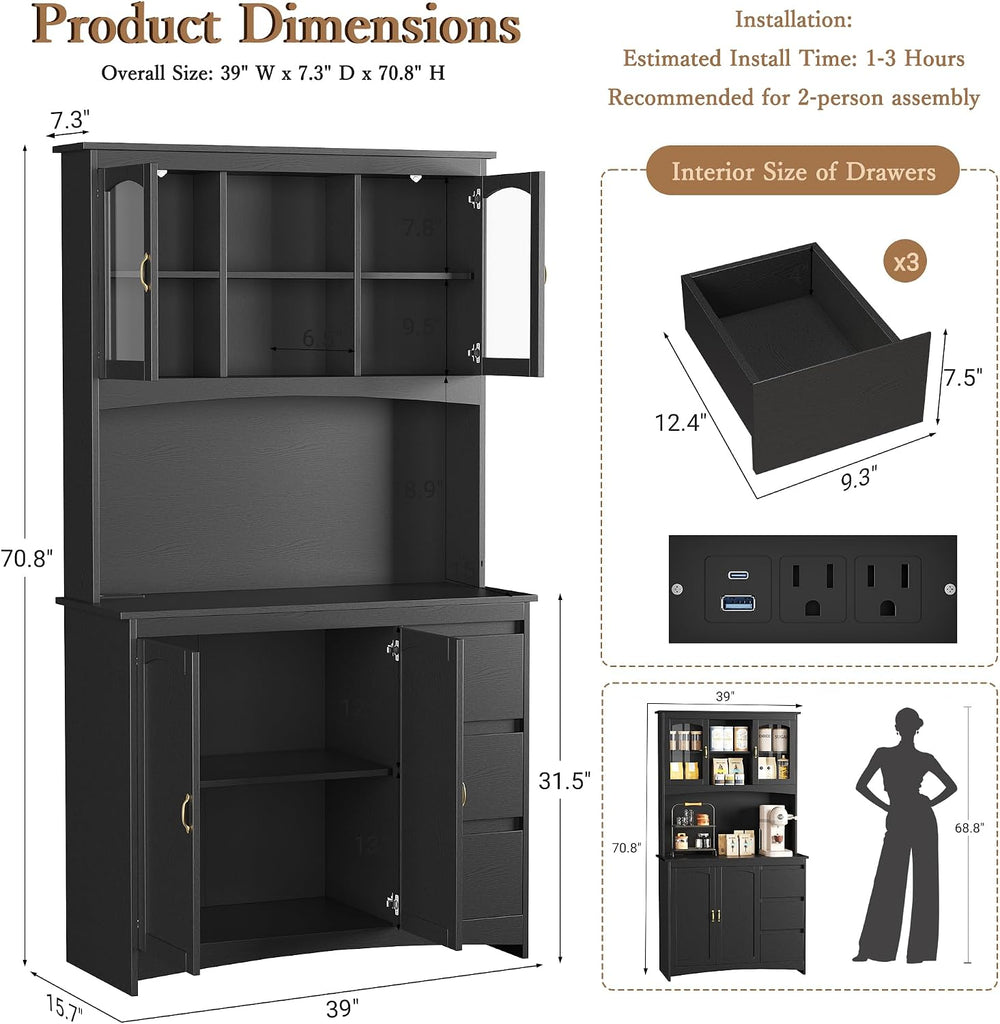 Garvee Kitchen Pantry Cabinet with LED Lights & Charging Station, 71"...