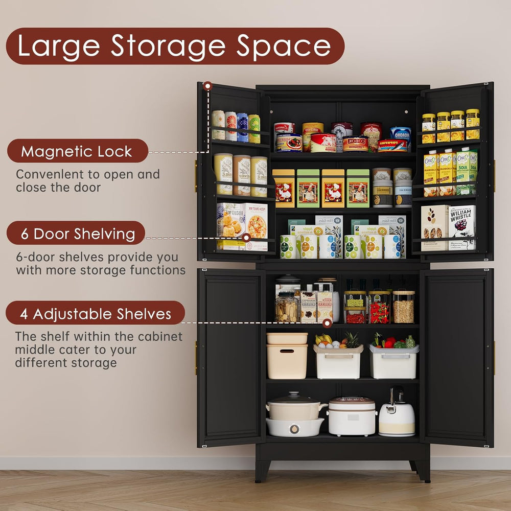 PAOFIN 75" H Metal Storage Cabinet, Pantry with 6 Door Shelves and 4 Adj...