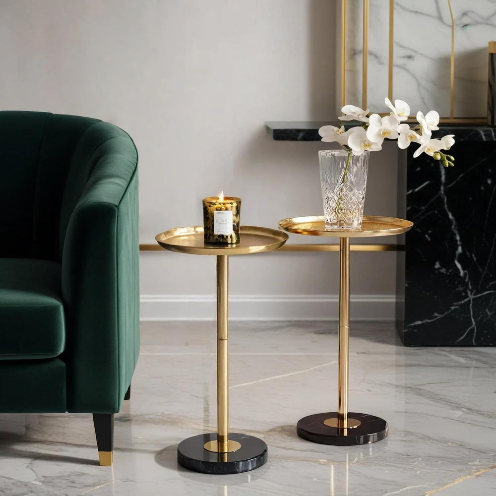 Adjustable Martini Side Table – Small Round Drink Table with Natural Marble B...