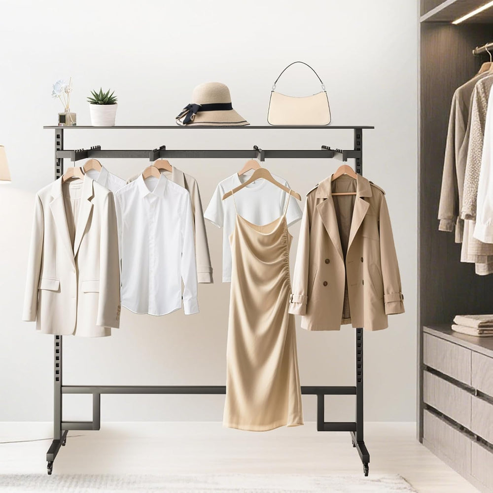 Retail Clothing Display Rack with Adjustable 8 Arms, on Wheels & Top Shelf