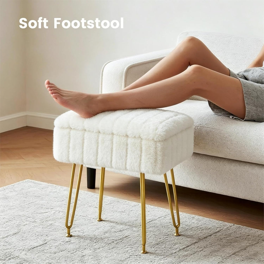 FUXA Vanity Stool Chair with Storage, Faux Fur and Metal Legs, White | Soft P...